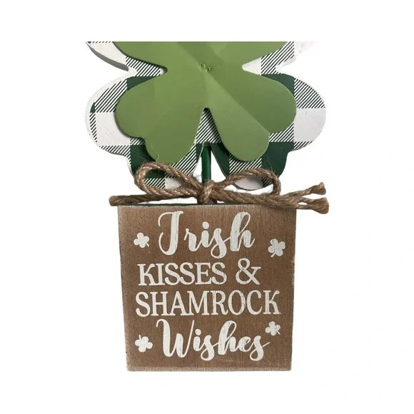 St Patrick’s Day Green White Wood Plaid/Dotted Shamrock Decor Mantel Table Set - Picture 6 of 13